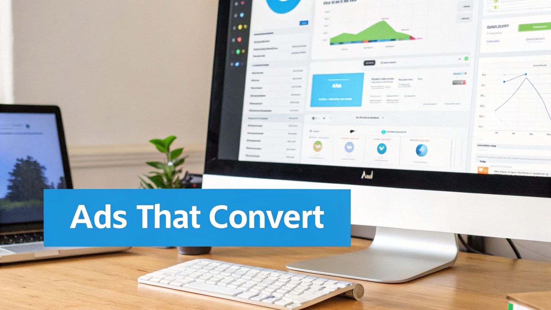 Computer screen showing analytics and charts, with a laptop and keyboard on a desk, and a banner 'Ads That Convert'.