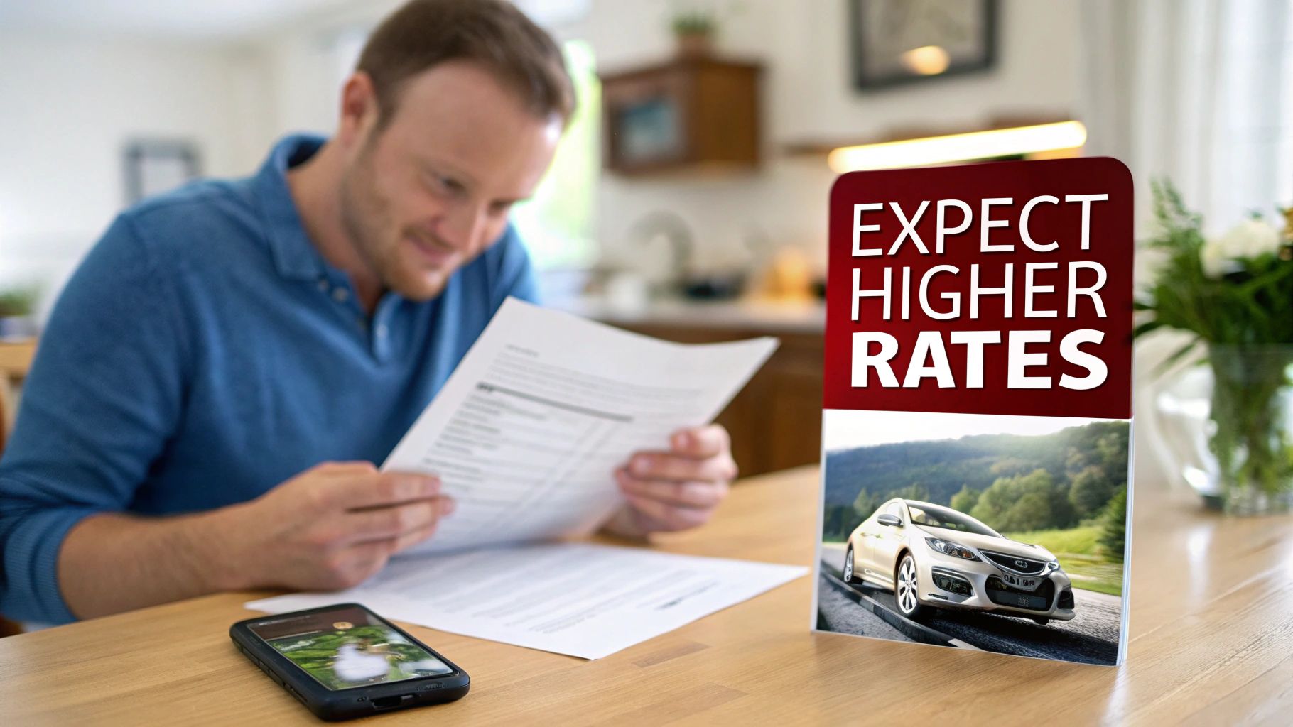 A man reads a document while a sign warns of 'EXPECT HIGHER RATES' next to a car image.