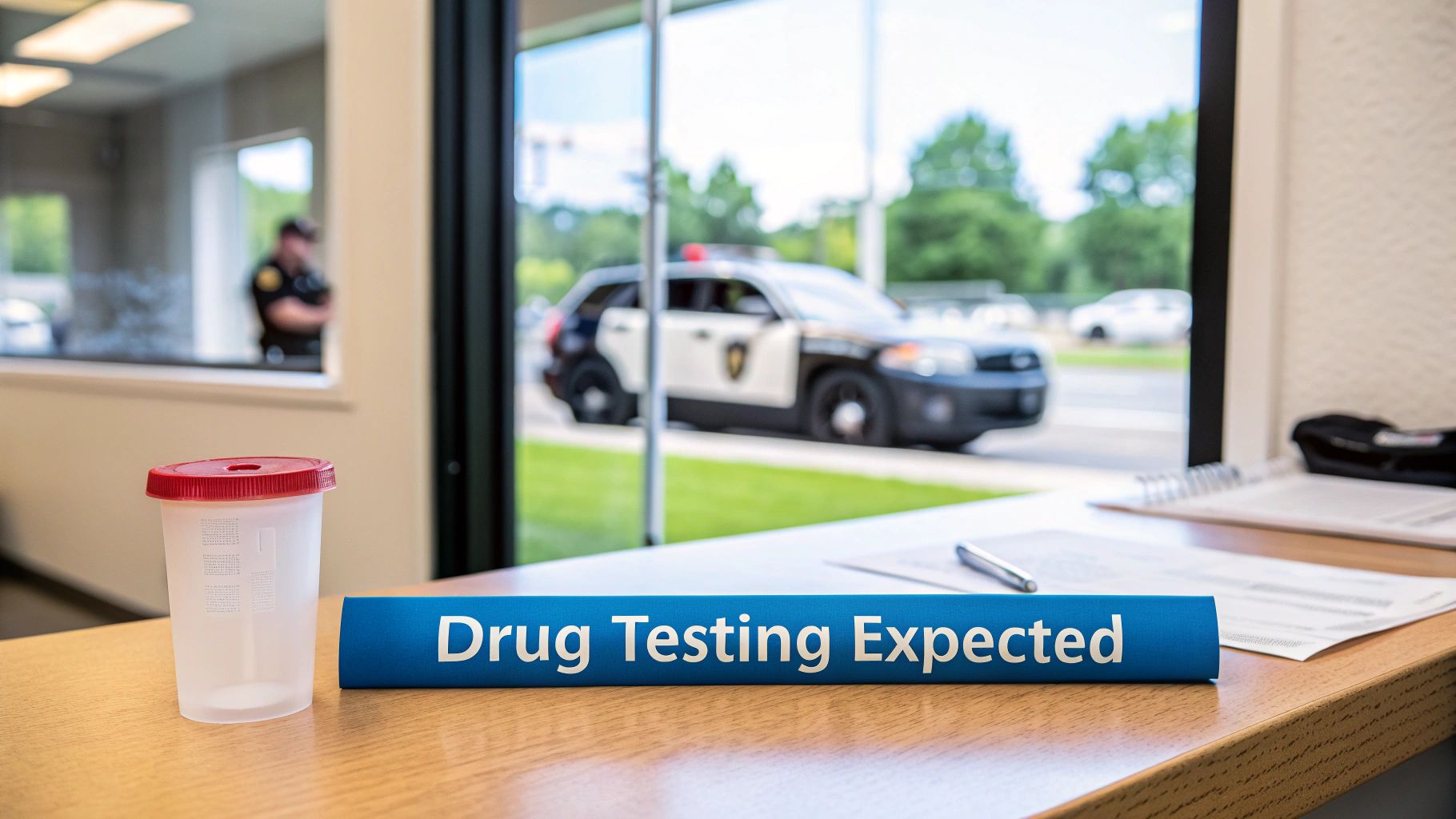 A drug testing cup sits on a desk next to a 'Drug Testing Expected' sign, with a police car outside.
