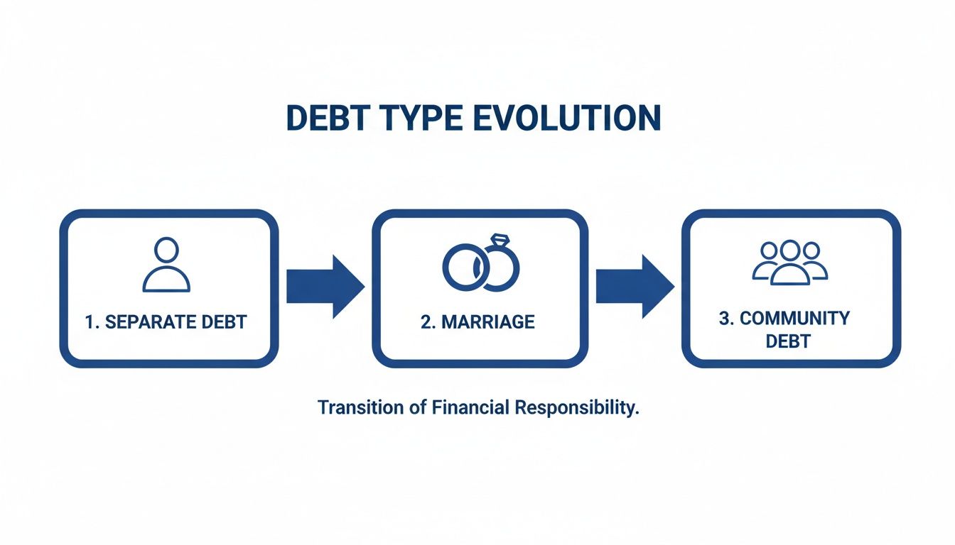 Flowchart illustrating debt type evolution from separate individual debt to community debt after marriage.