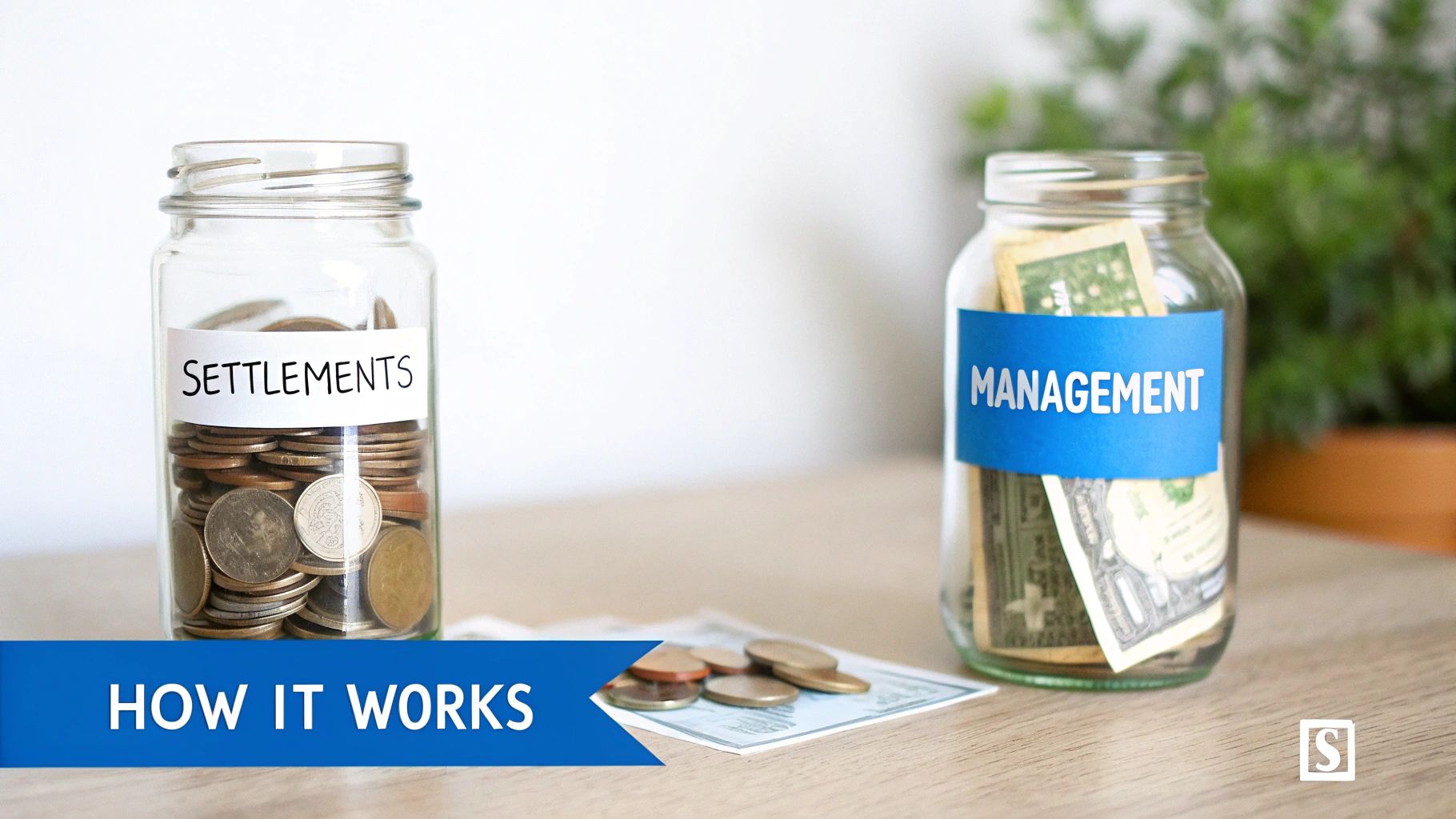 Two clear jars labeled 'Settlements' with coins and 'Management' with banknotes, illustrating financial concepts.
