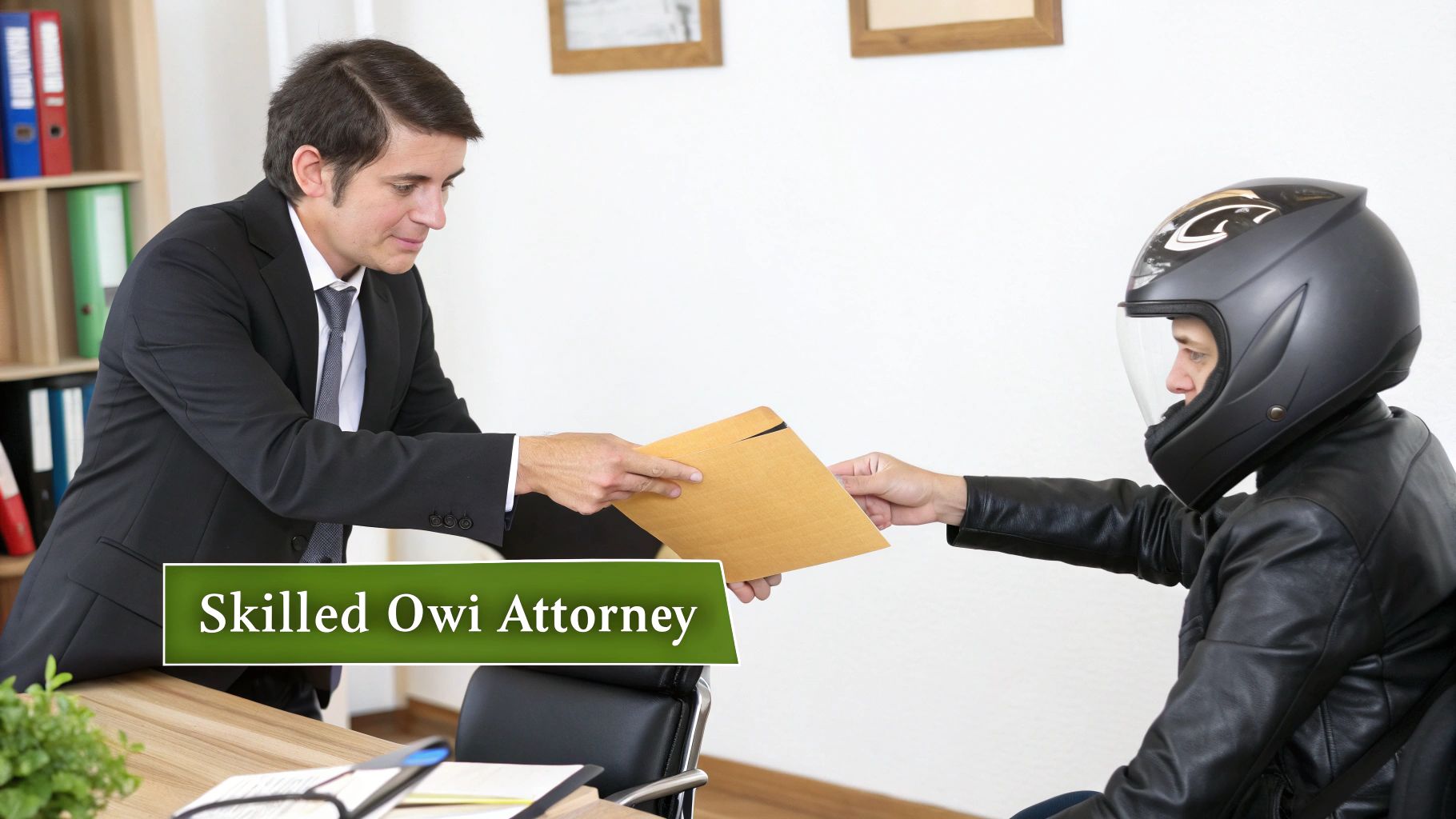 A skilled OWI attorney gives a legal document in an office to a client wearing a motorcycle helmet.