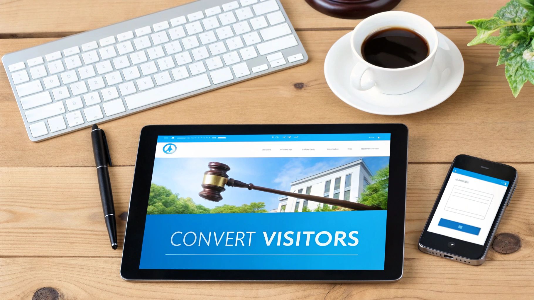 Desk flatlay with a tablet showing 'Convert Visitors' on a legal-themed website, next to a keyboard and phone.