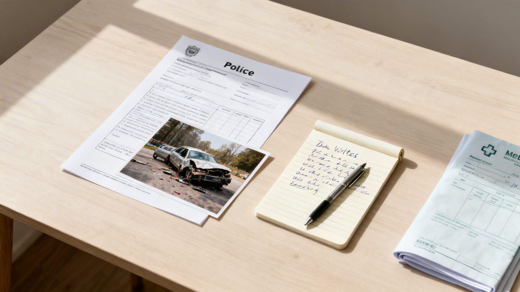 Desk with a police report, a crashed car photo, handwritten notes, and medical forms related to an accident.