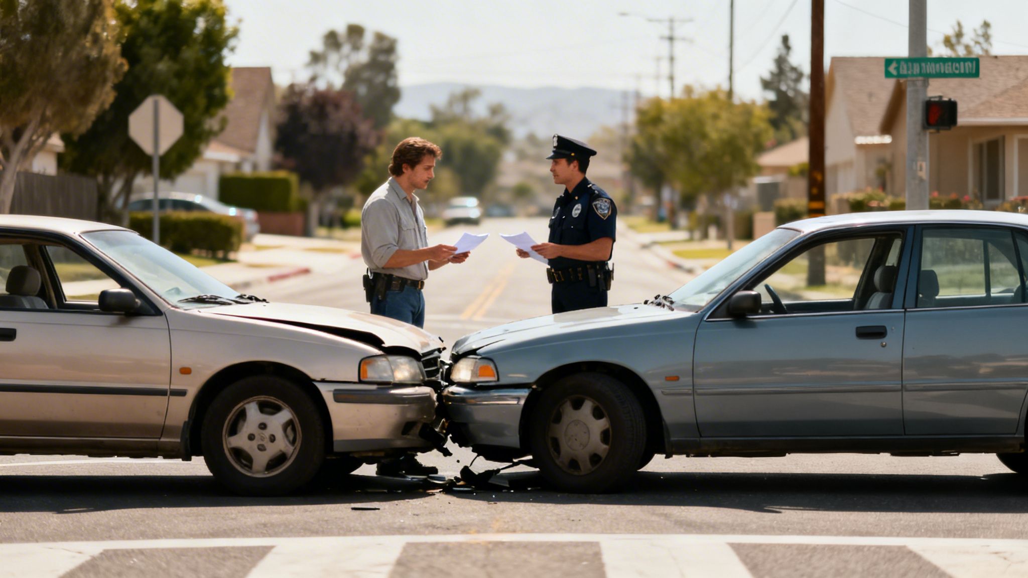 A police officer and a man exchanging papers at a car accident scene with two damaged vehicles.