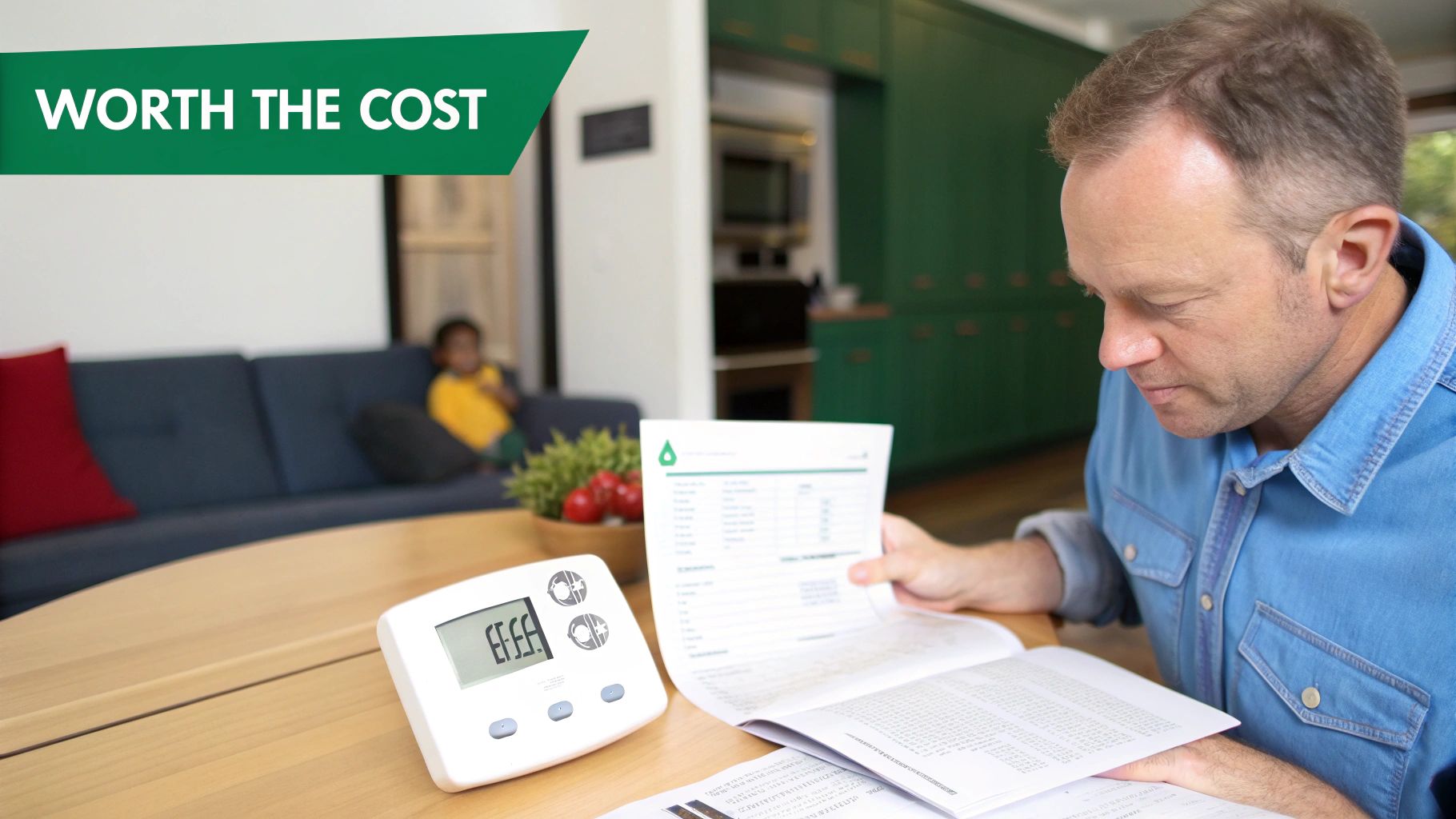 A man reviews home utility bills and an energy monitor on a table, with a child in the background.