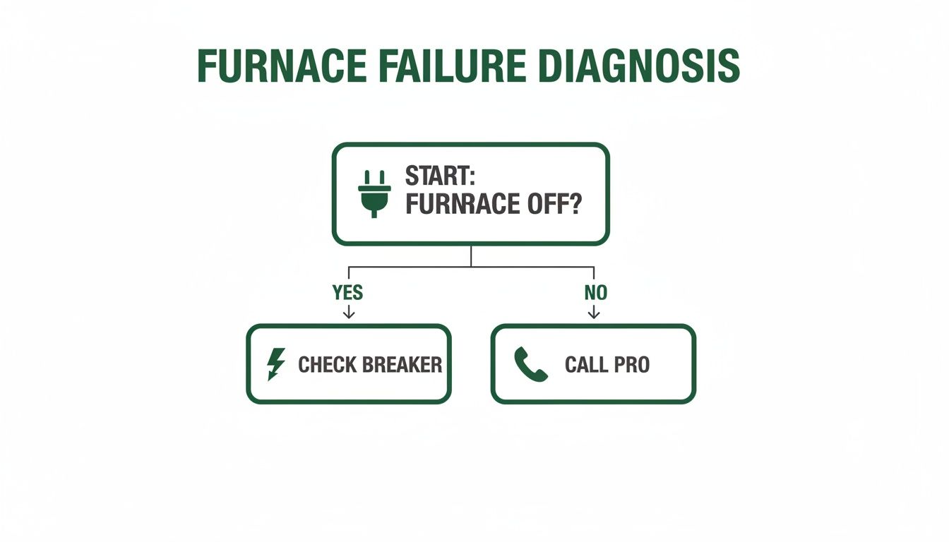 A simple flowchart for furnace failure diagnosis, guiding users to check the breaker or call a professional.