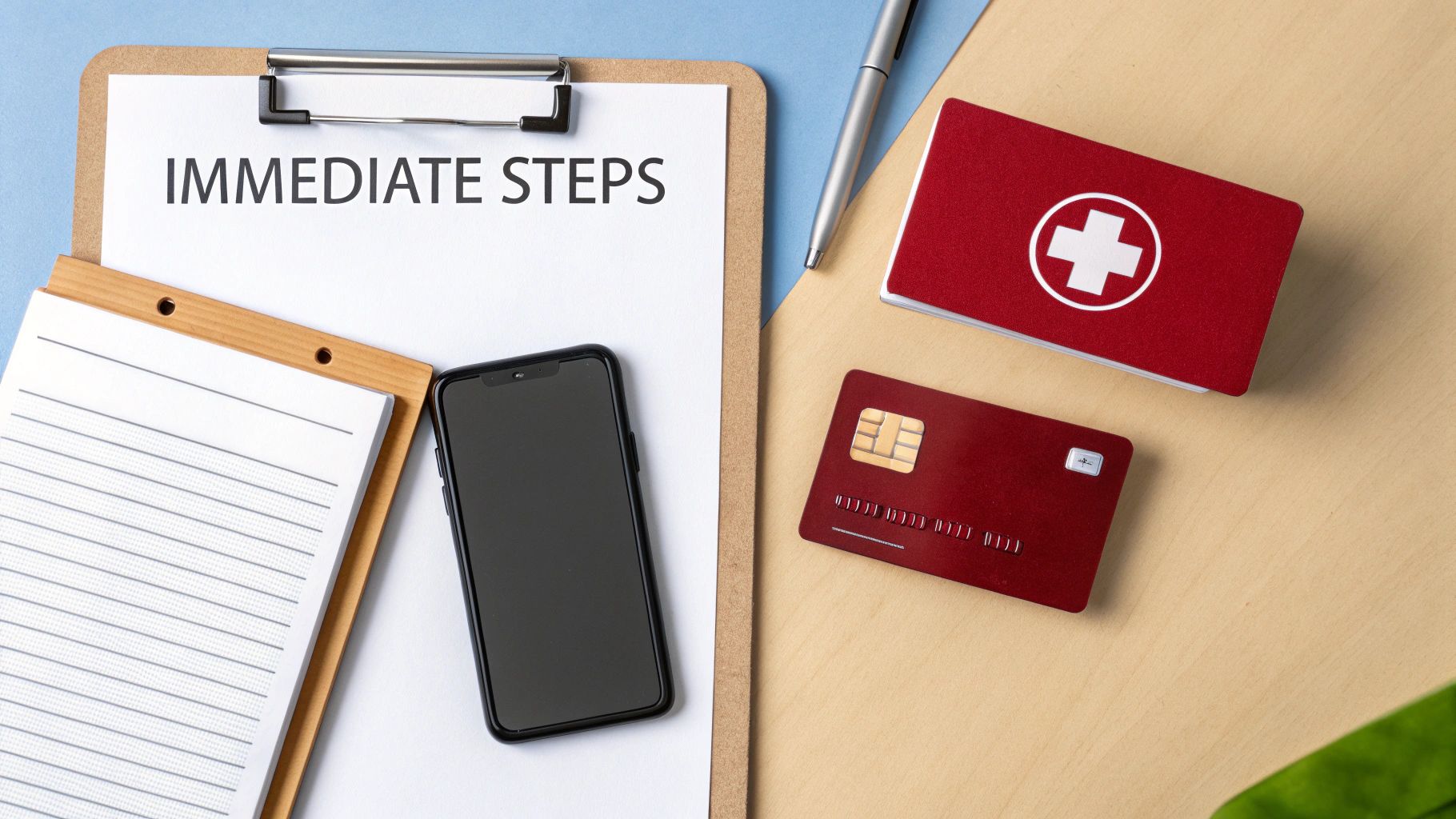 Flat lay showing a clipboard with 'IMMEDIATE STEPS', a first aid kit, credit card, phone and pen.