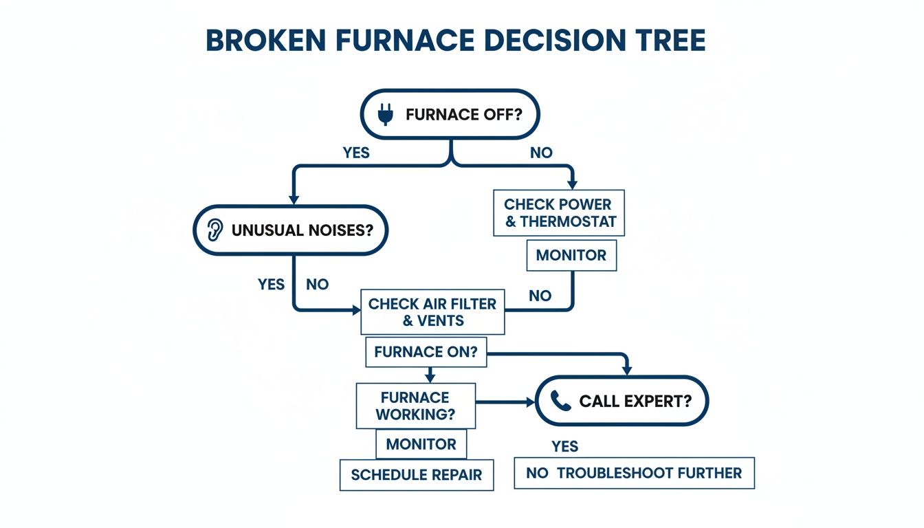 A broken furnace decision tree flowchart guiding users through troubleshooting steps based on symptoms.