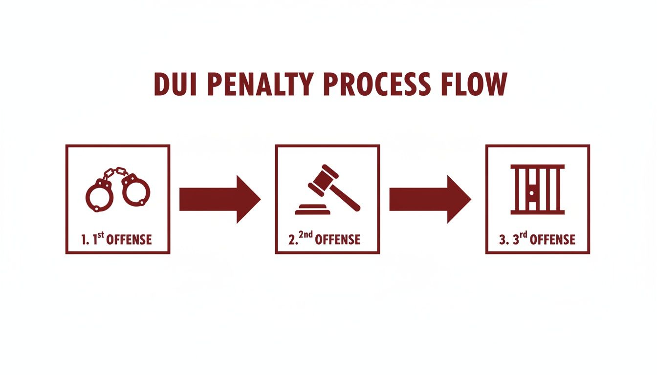 Infographic showing the escalating penalties for DUI offenses: handcuffs for 1st, gavel for 2nd, and jail for 3rd.