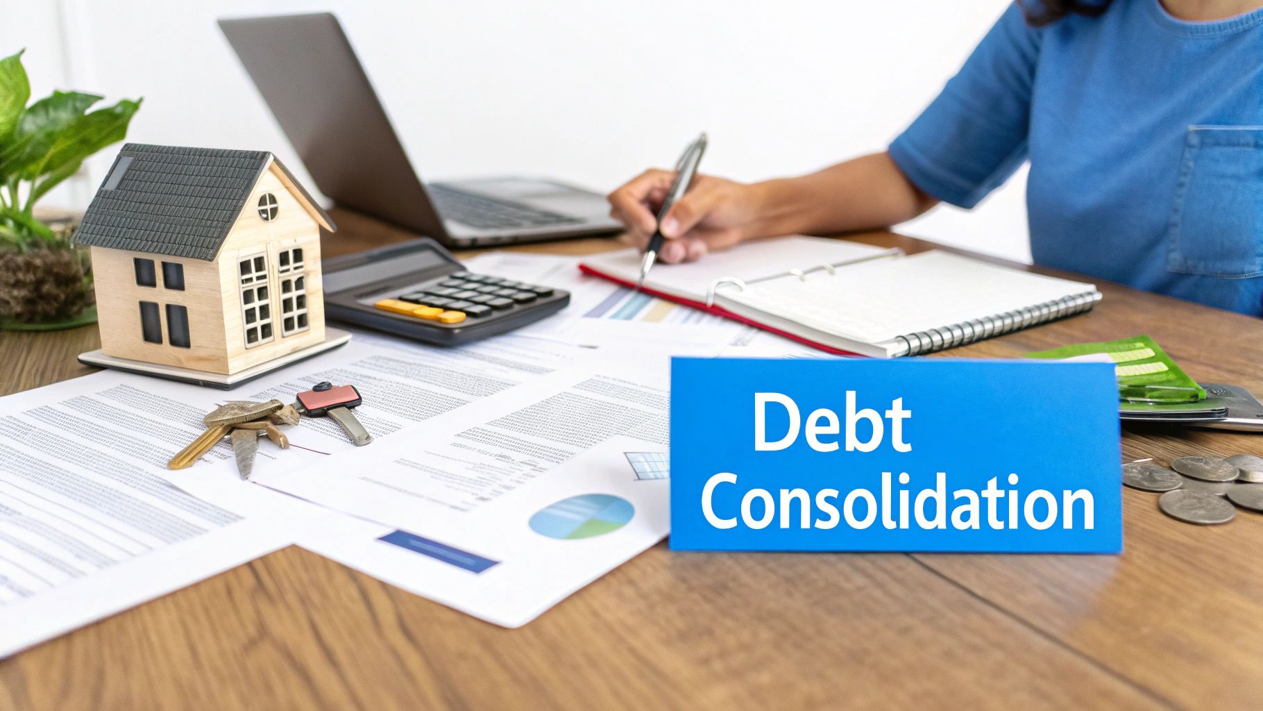 A person reviews documents and calculations on a desk with a 'Debt Consolidation' sign, house model, and keys.