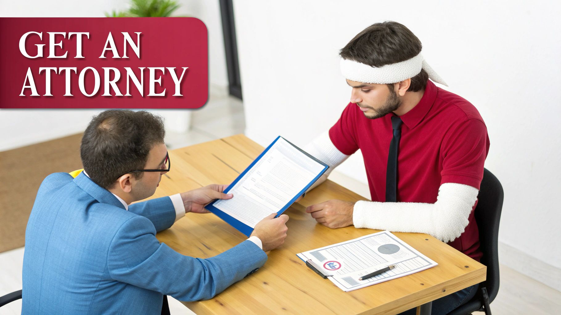An injured man with a head bandage and arm cast consults an attorney at a table.