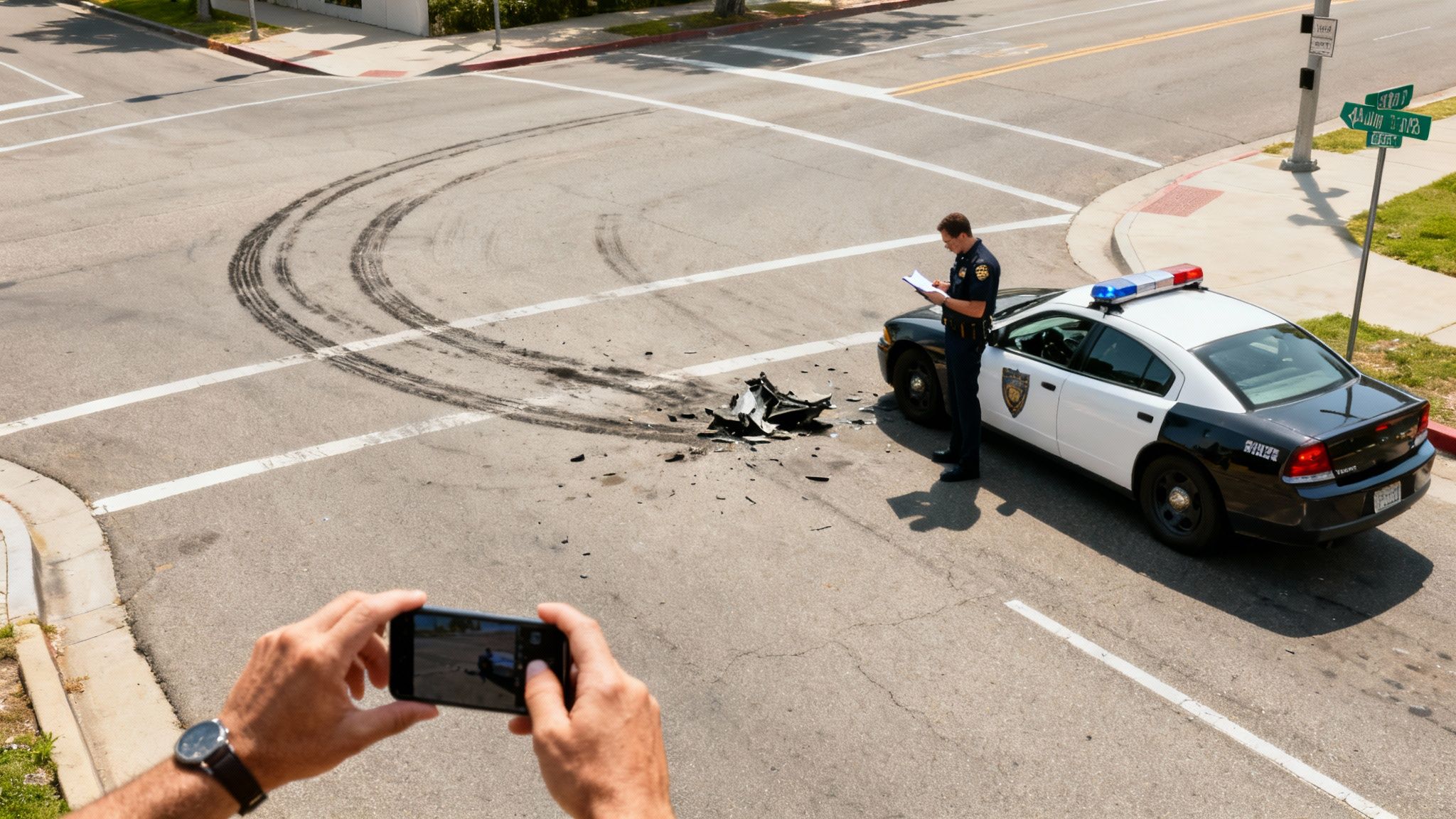 Overhead view of a car accident scene with a police officer, skid marks, debris, and someone photographing the incident.
