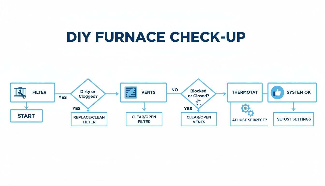 Flowchart for a DIY furnace check-up guide, detailing steps for filter, vents, and thermostat adjustments.