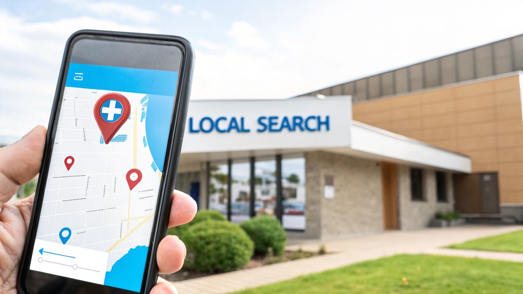 A hand holds a smartphone showing a map app with a medical clinic location pin.