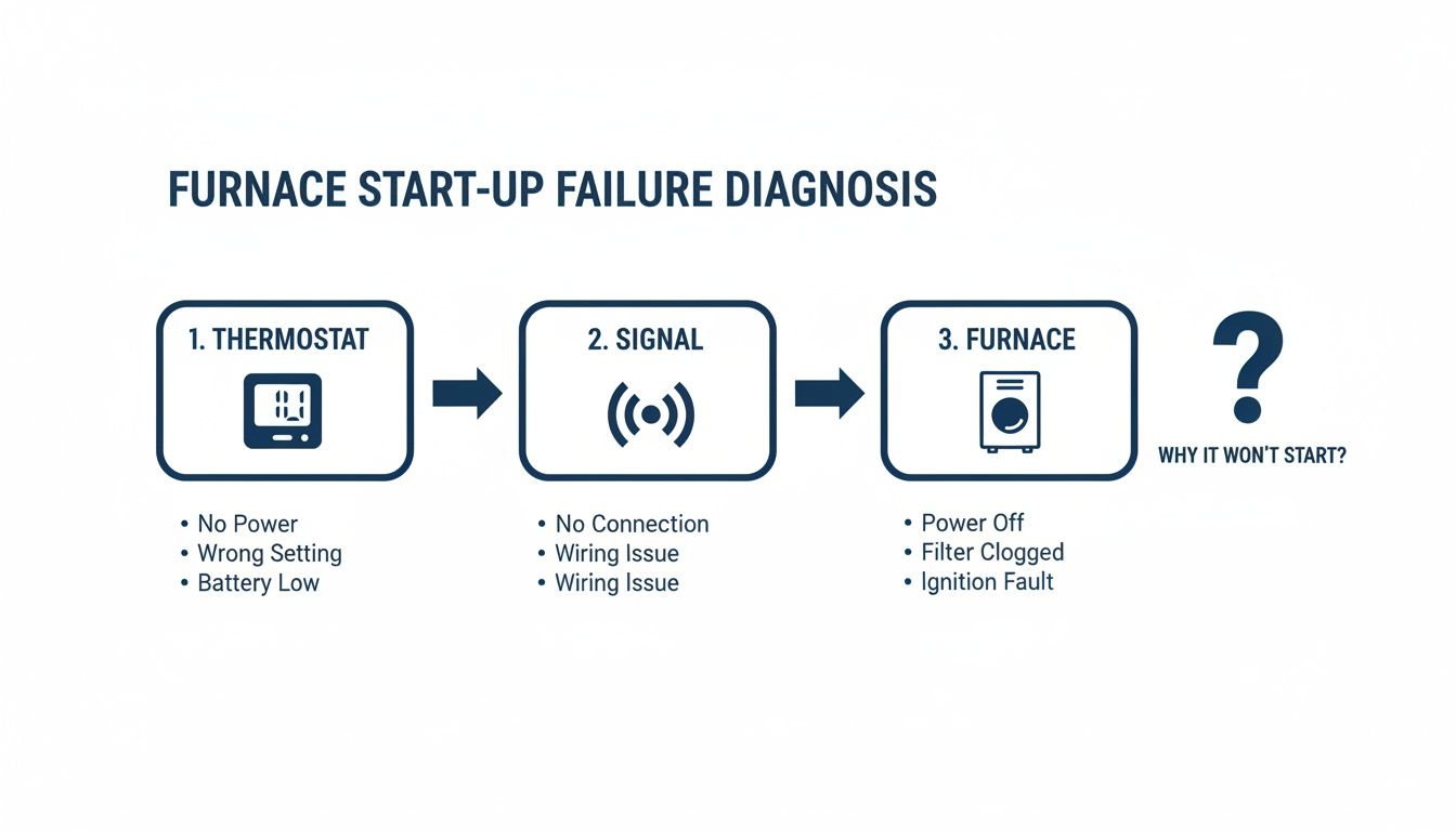 A diagnostic flowchart detailing reasons for furnace start-up failure, covering thermostat, signal, and furnace problems.