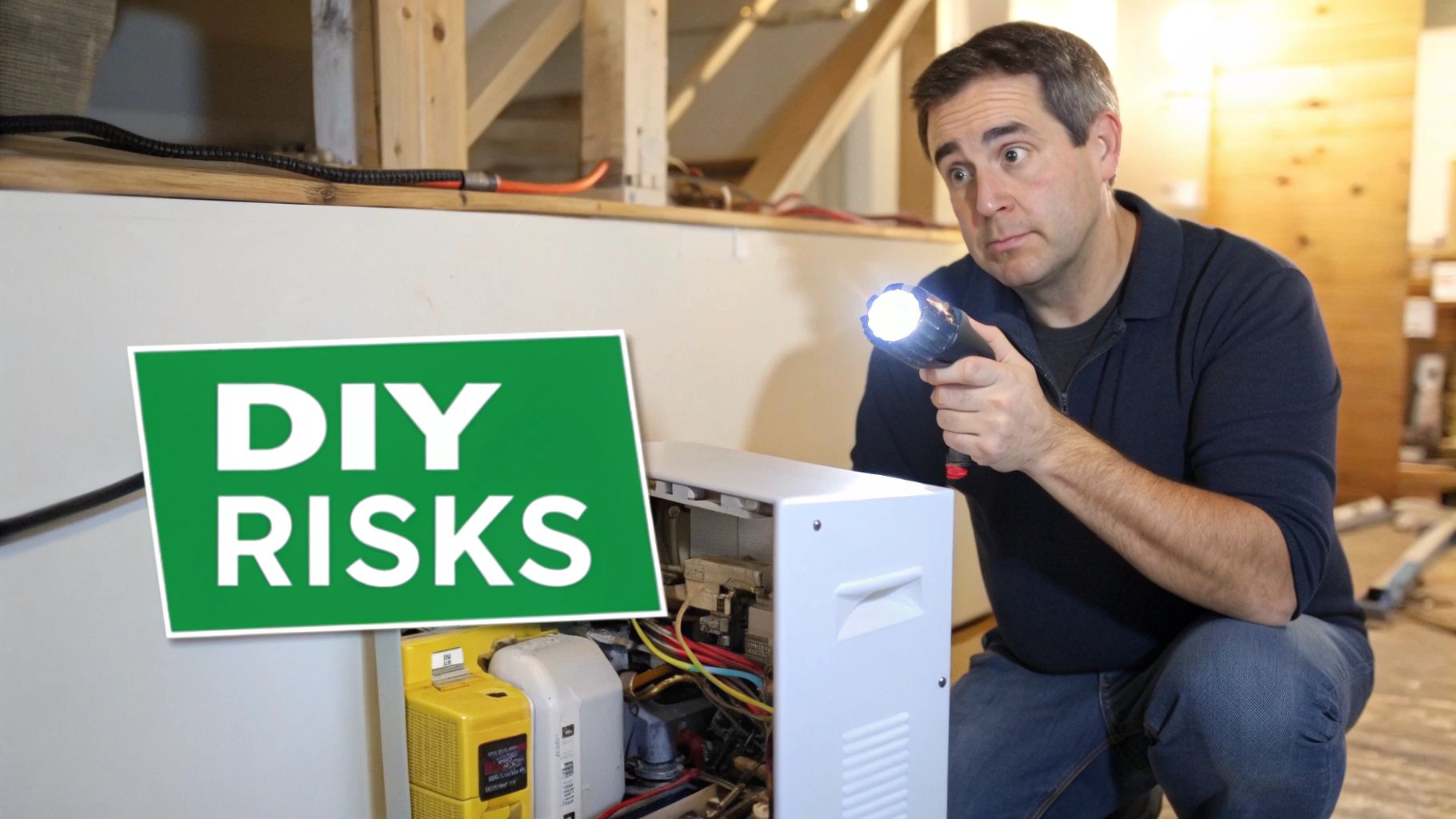 Man with flashlight inspecting an open furnace or appliance, with a 'DIY RISKS' sign overlay.