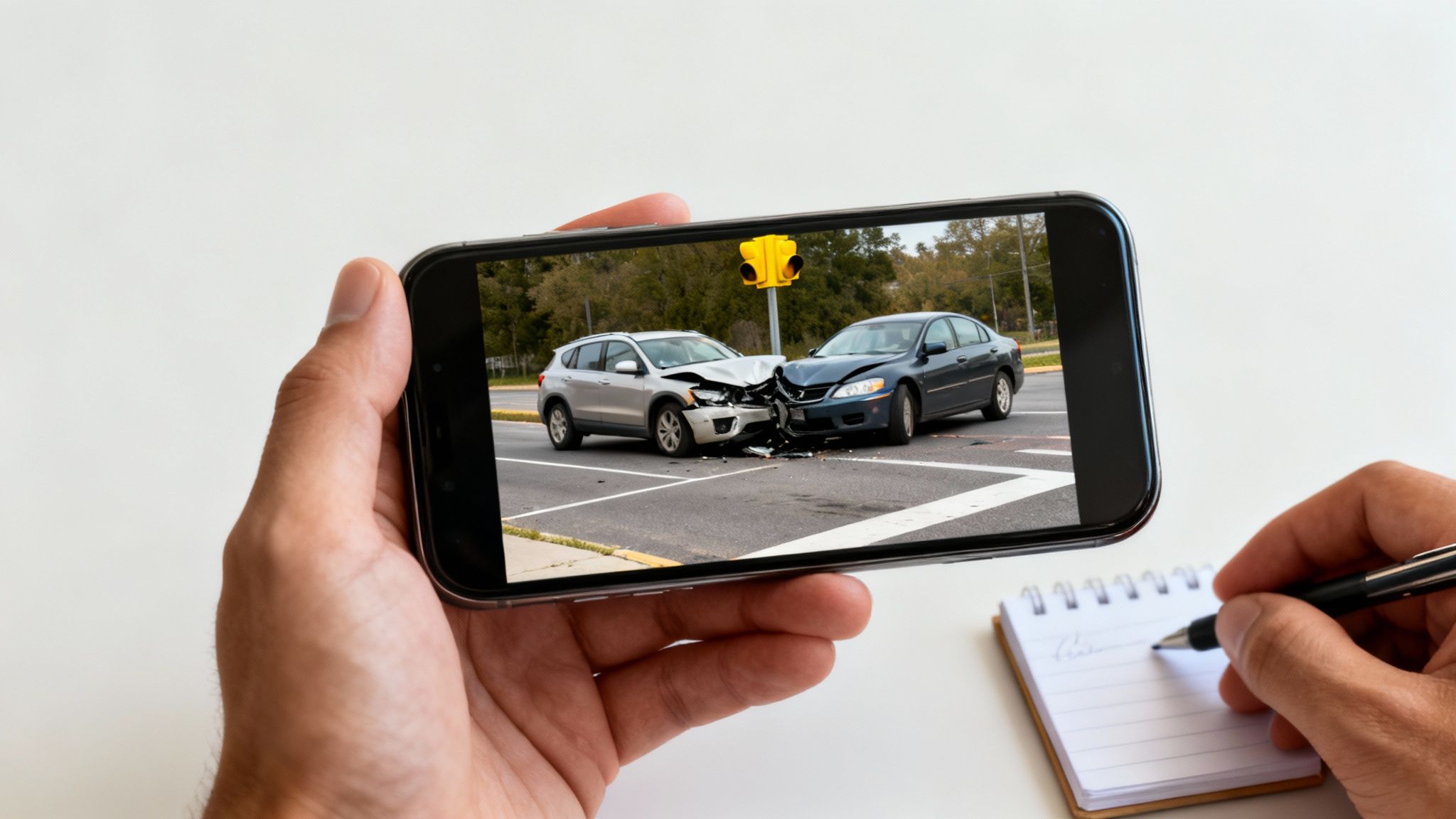 A person holds a smartphone displaying a car accident at a yellow traffic light, while taking notes.