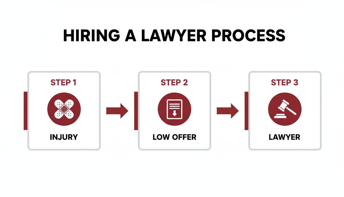 A three-step infographic depicting the process of hiring a lawyer: Injury, Low Offer, then Lawyer.