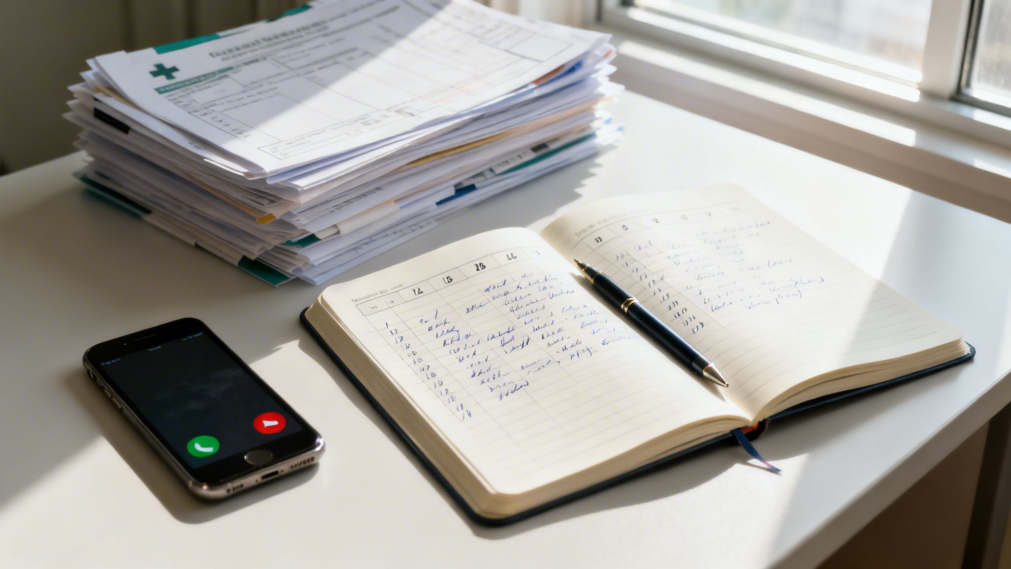 A bright office desk with a stack of documents, an open notebook with handwriting, a pen, and a smartphone displaying a call screen.
