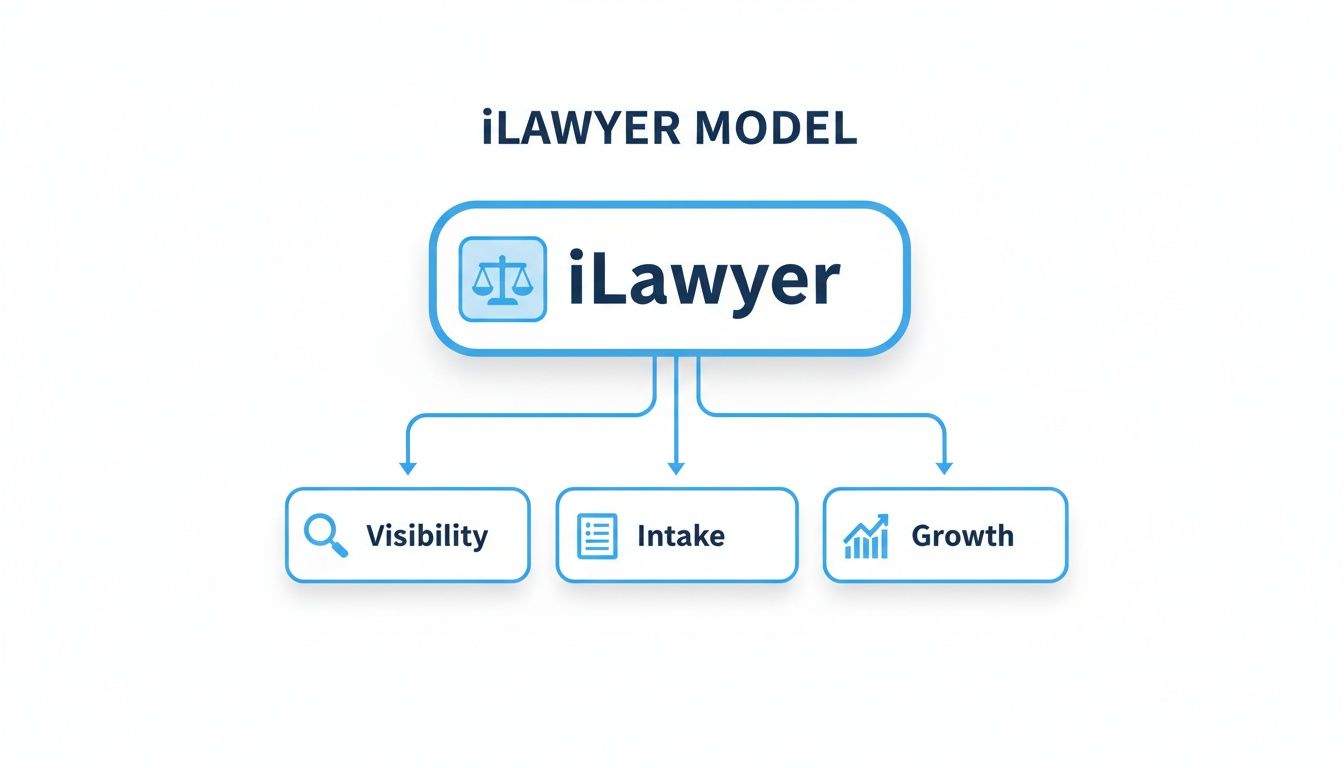 A diagram illustrating the iLawyer model, which branches into three core components: Visibility, Intake, and Growth.