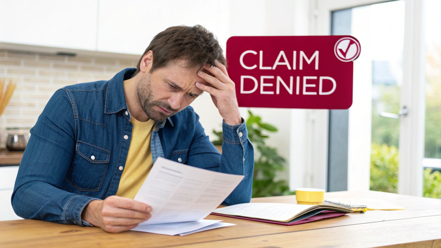 Distressed man with hand on head reads papers next to a red 'Claim Denied' sign.