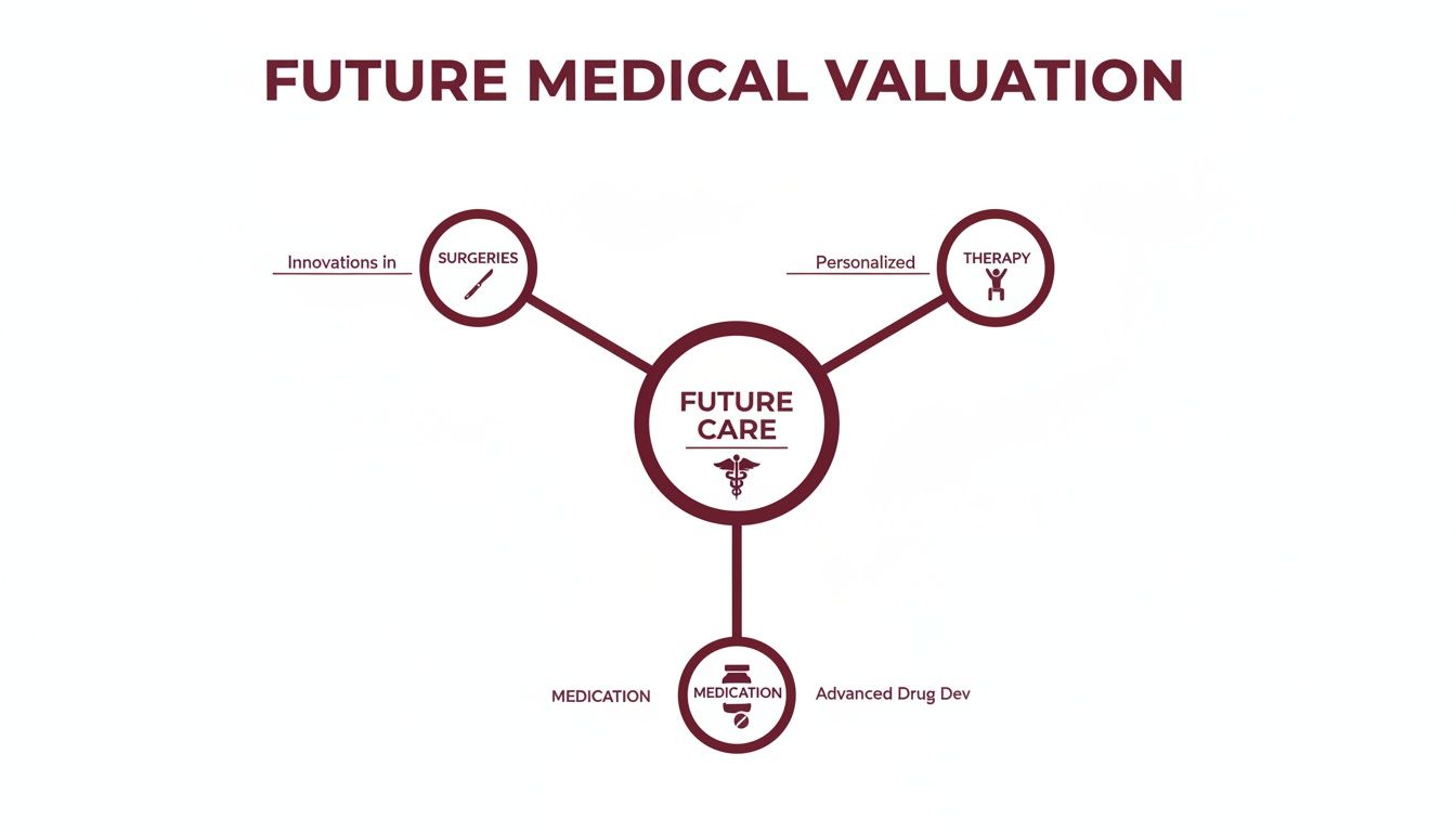 Diagram illustrating future medical care, focusing on innovations in surgeries, personalized therapy, and advanced drug development.