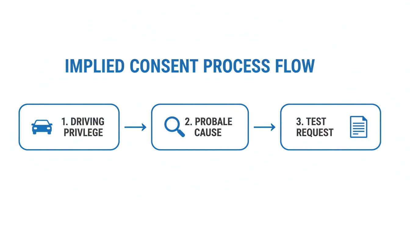 A flowchart showing the implied consent process flow, detailing steps from driving privilege to test request.