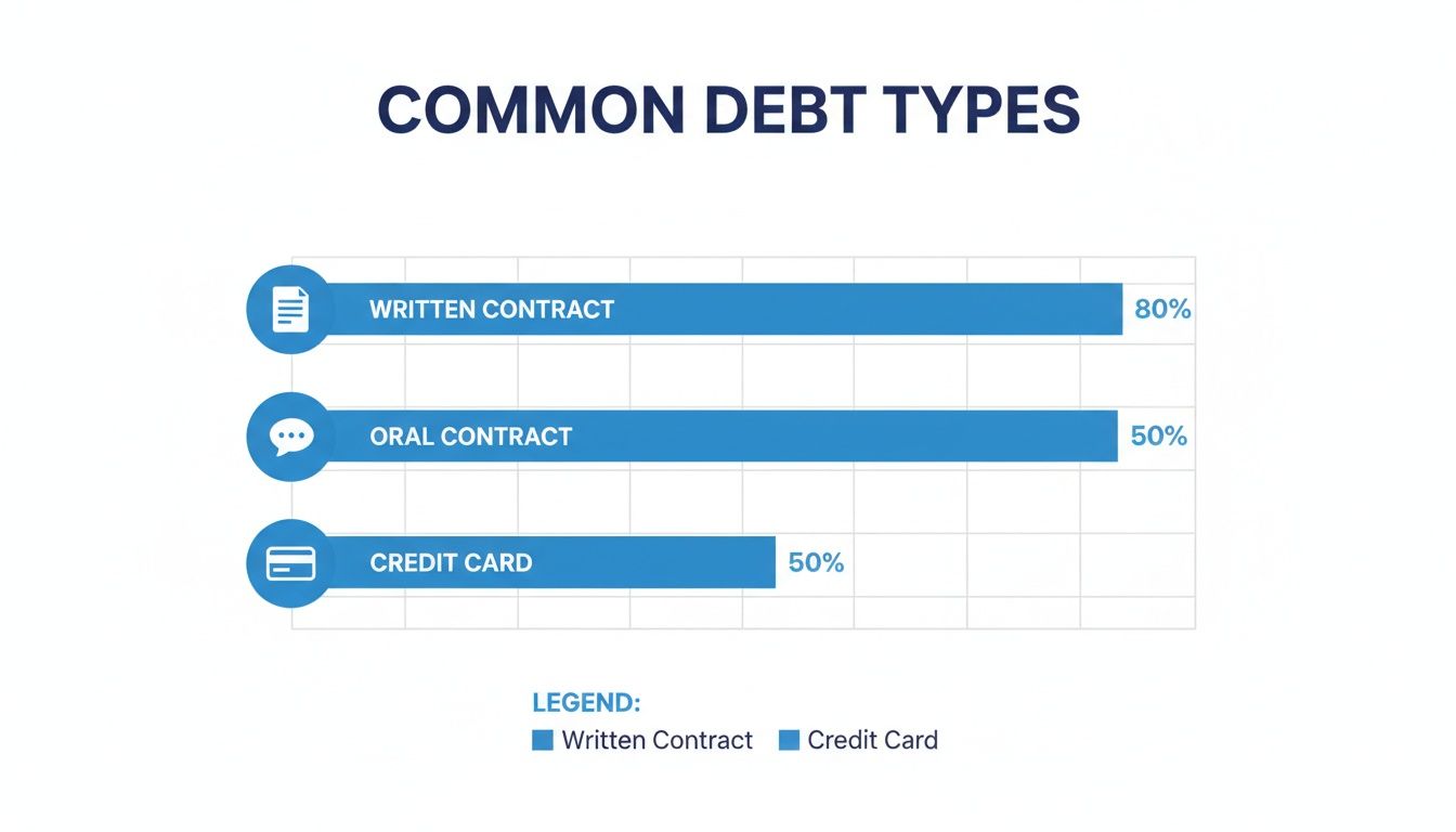 Bar chart illustrating common debt types: written contract (80%), oral contract (50%), and credit card (50%).