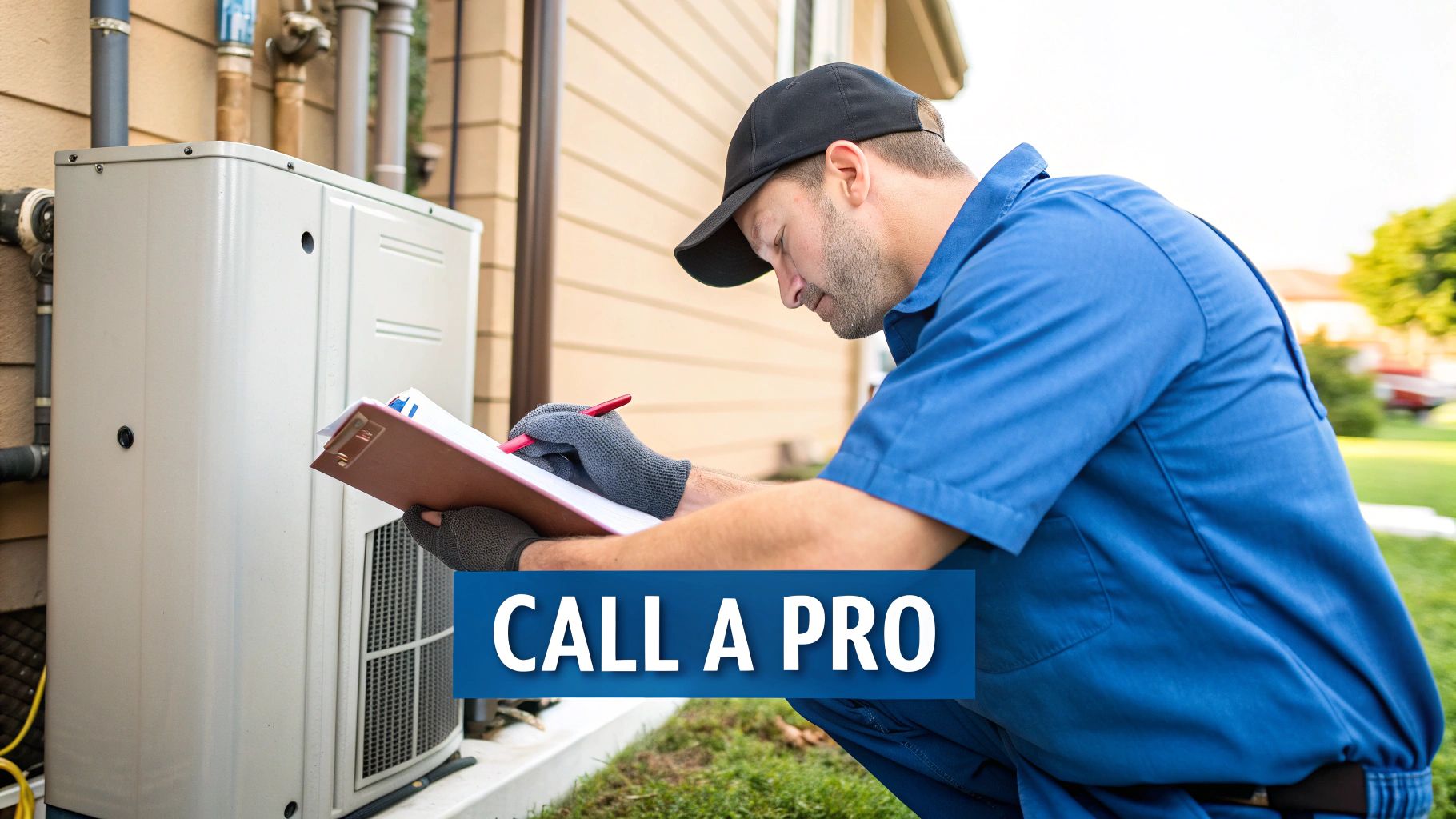 A professional HVAC technician inspecting an outdoor air conditioning unit while writing on a clipboard.