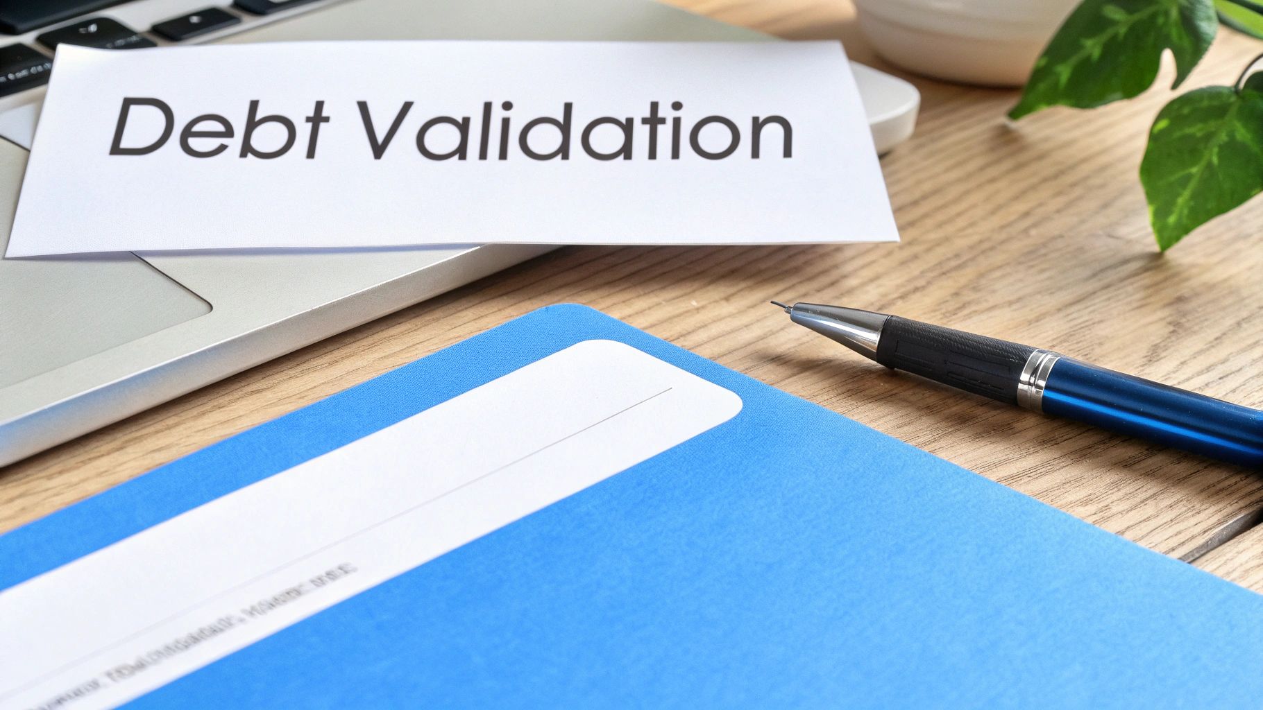A document labeled 'Debt Validation' rests on a laptop, with a blue folder and pen on a wooden desk.