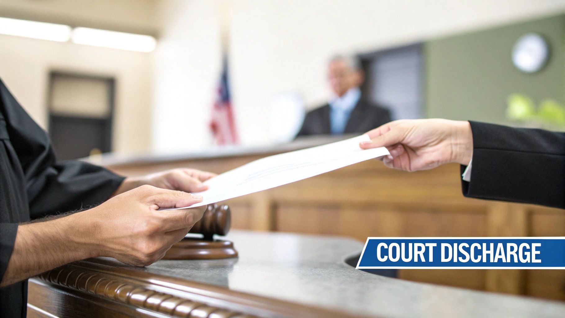 A judge in a black robe receives a legal document from a person in a suit in a courtroom.