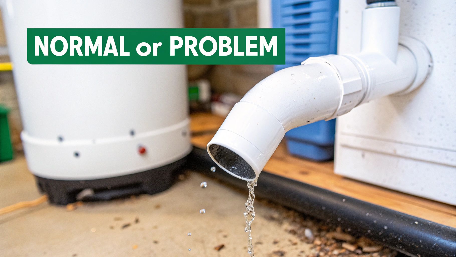Water drips from a white PVC pipe next to a home appliance, asking 'NORMAL or PROBLEM'.