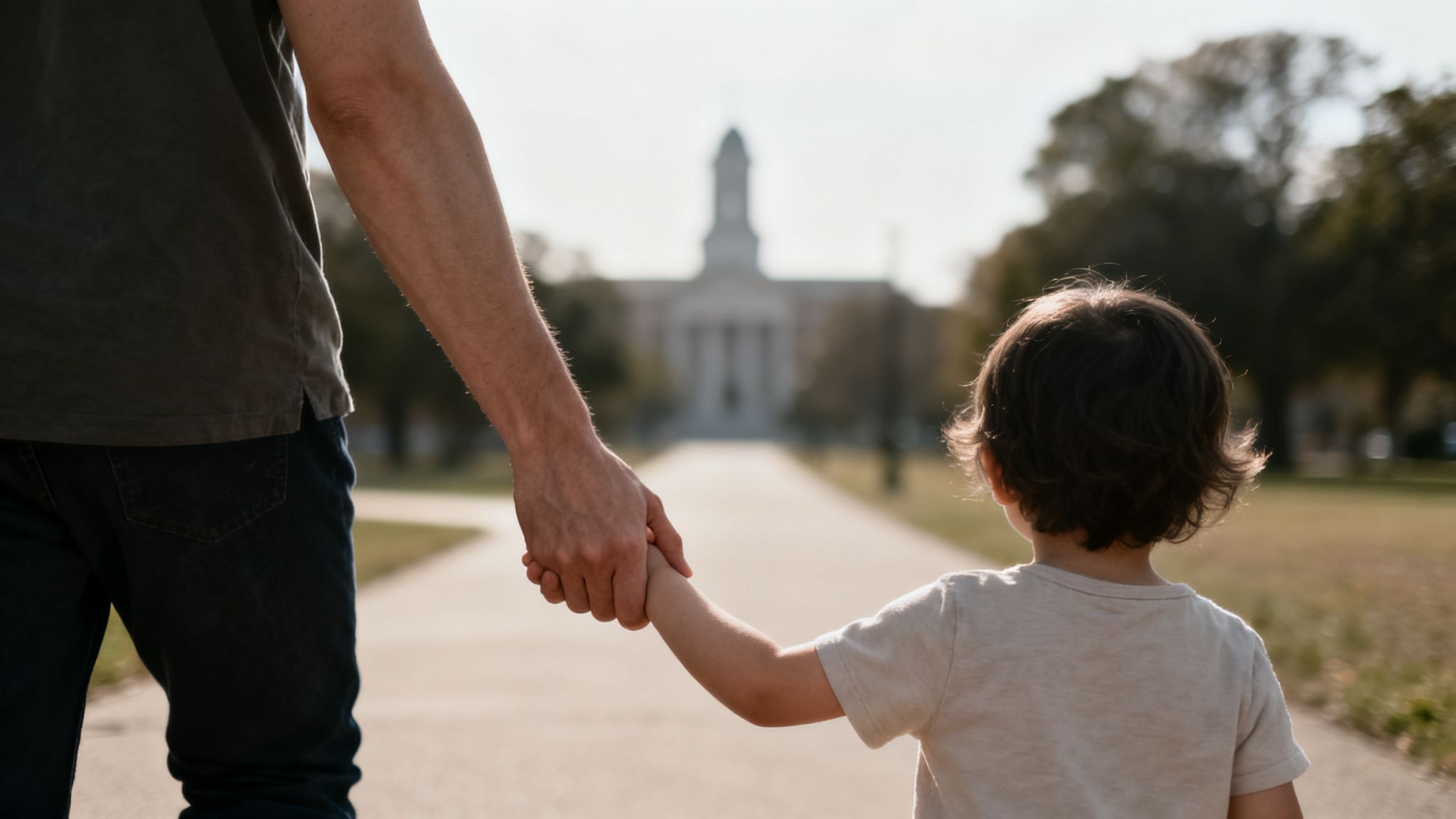 Parent and young child walking hand-in-hand down a path towards a grand building.
