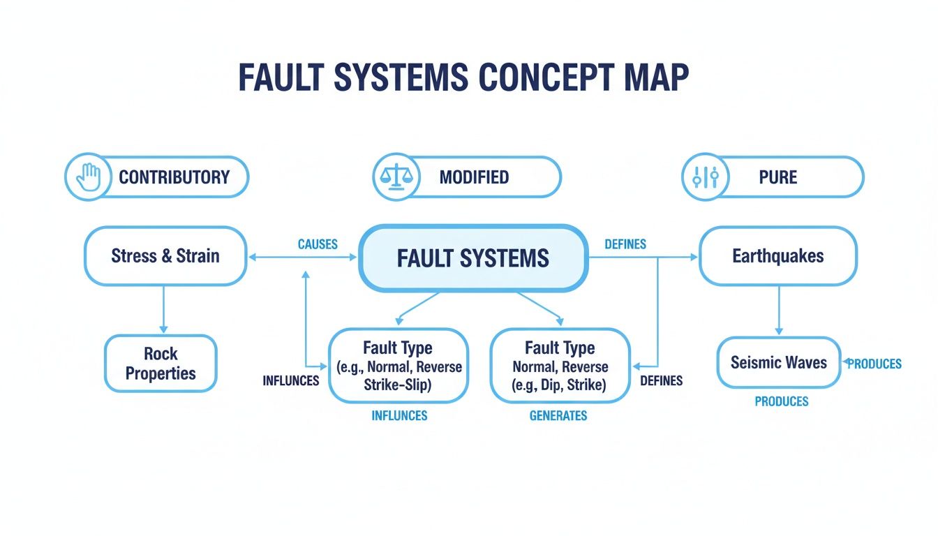 A geological fault systems concept map showing causes, types, and effects like earthquakes and seismic waves.