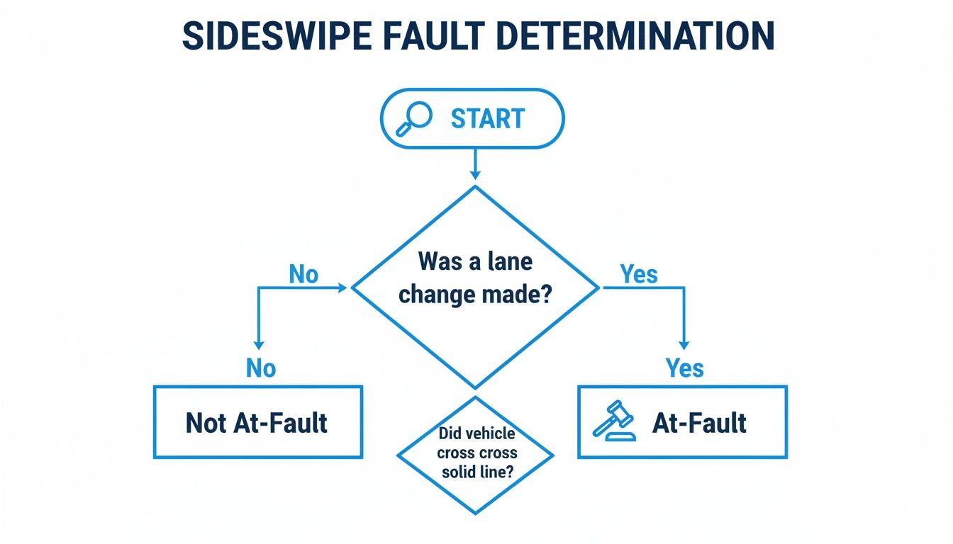 Flowchart illustrating the determination of fault in a sideswipe accident based on lane changes and crossing solid lines.