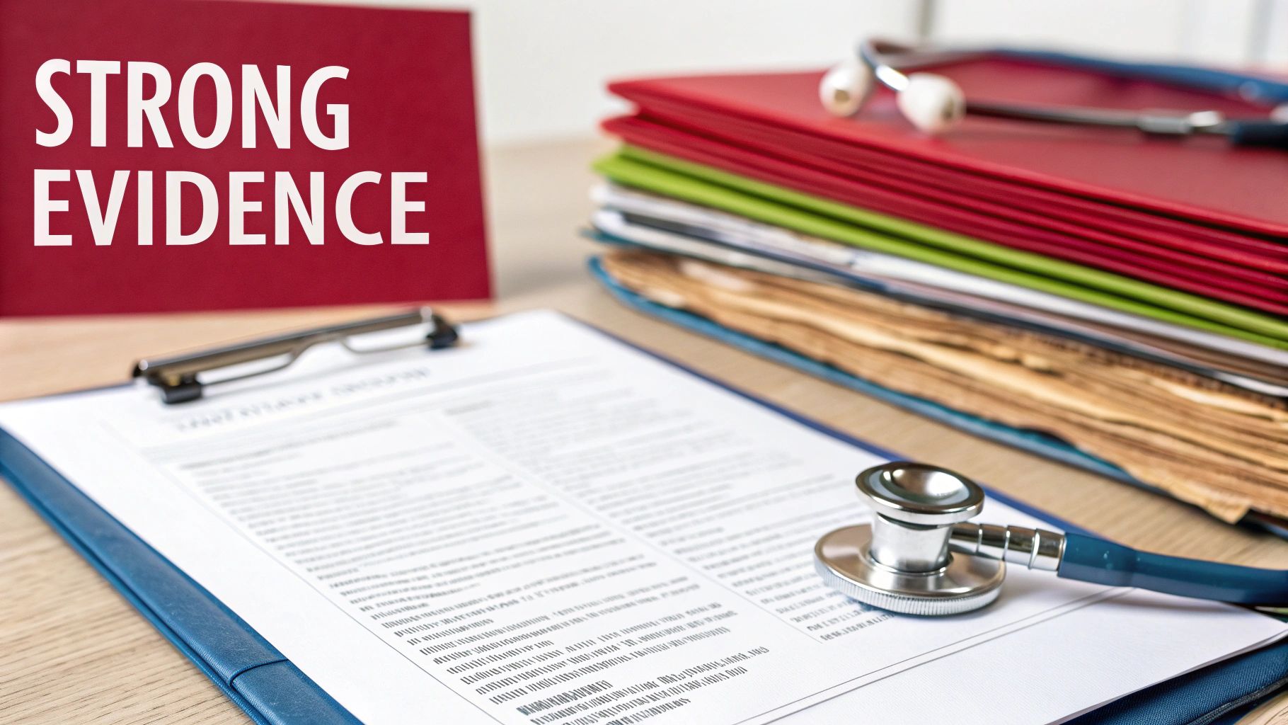 A red sign states 'STRONG EVIDENCE' next to a stethoscope, clipboard, and stacked medical files.