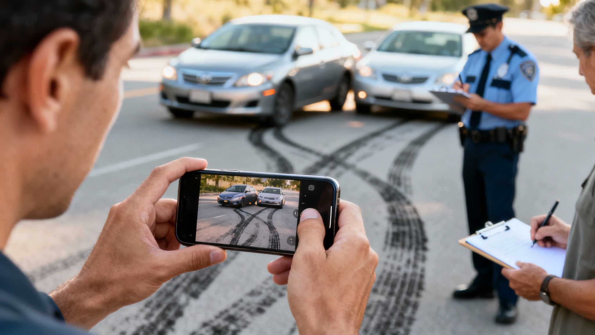 A person captures a car accident scene with a smartphone while police investigate.
