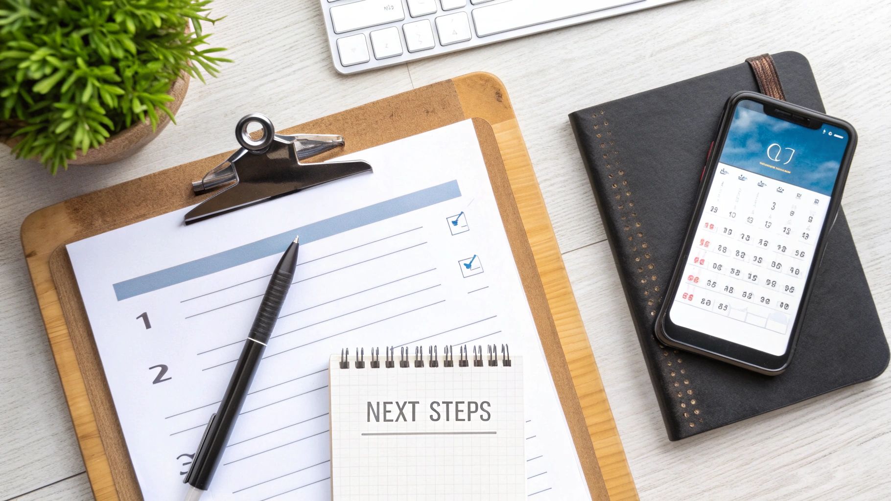 A top-down view of a desk with a checklist, 'Next Steps' notebook, and a phone displaying a calendar.