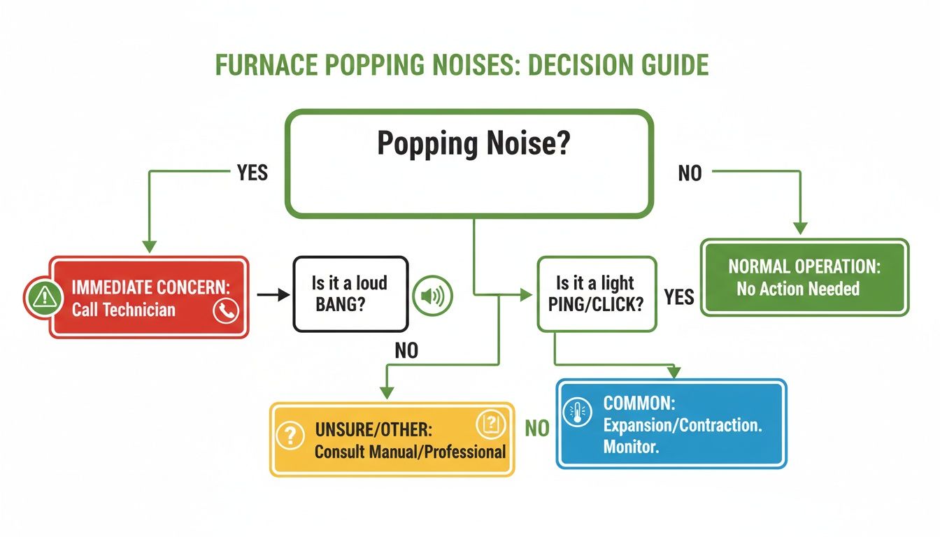 Flowchart decision guide for furnace popping noises, advising on immediate concerns or normal operation.