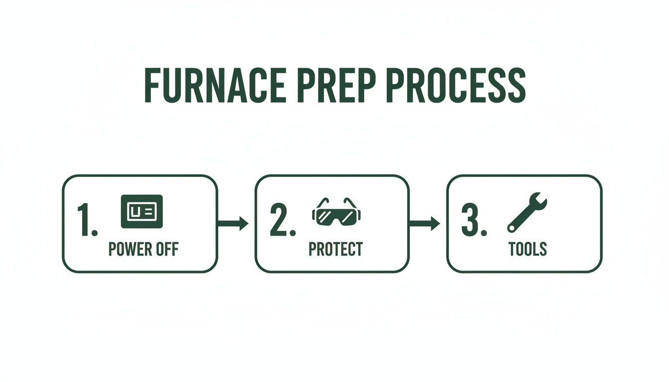 A three-step diagram outlining the furnace preparation process: power off, protect, and gather tools.
