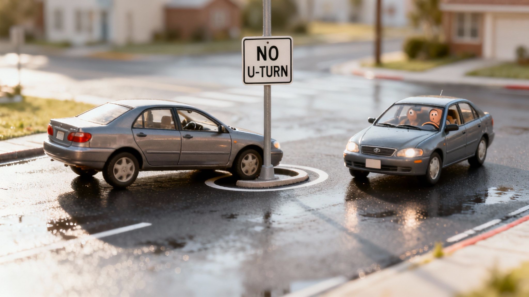 Miniature cars on a wet street, one making an illegal U-turn near a 'NO U-TURN' sign.
