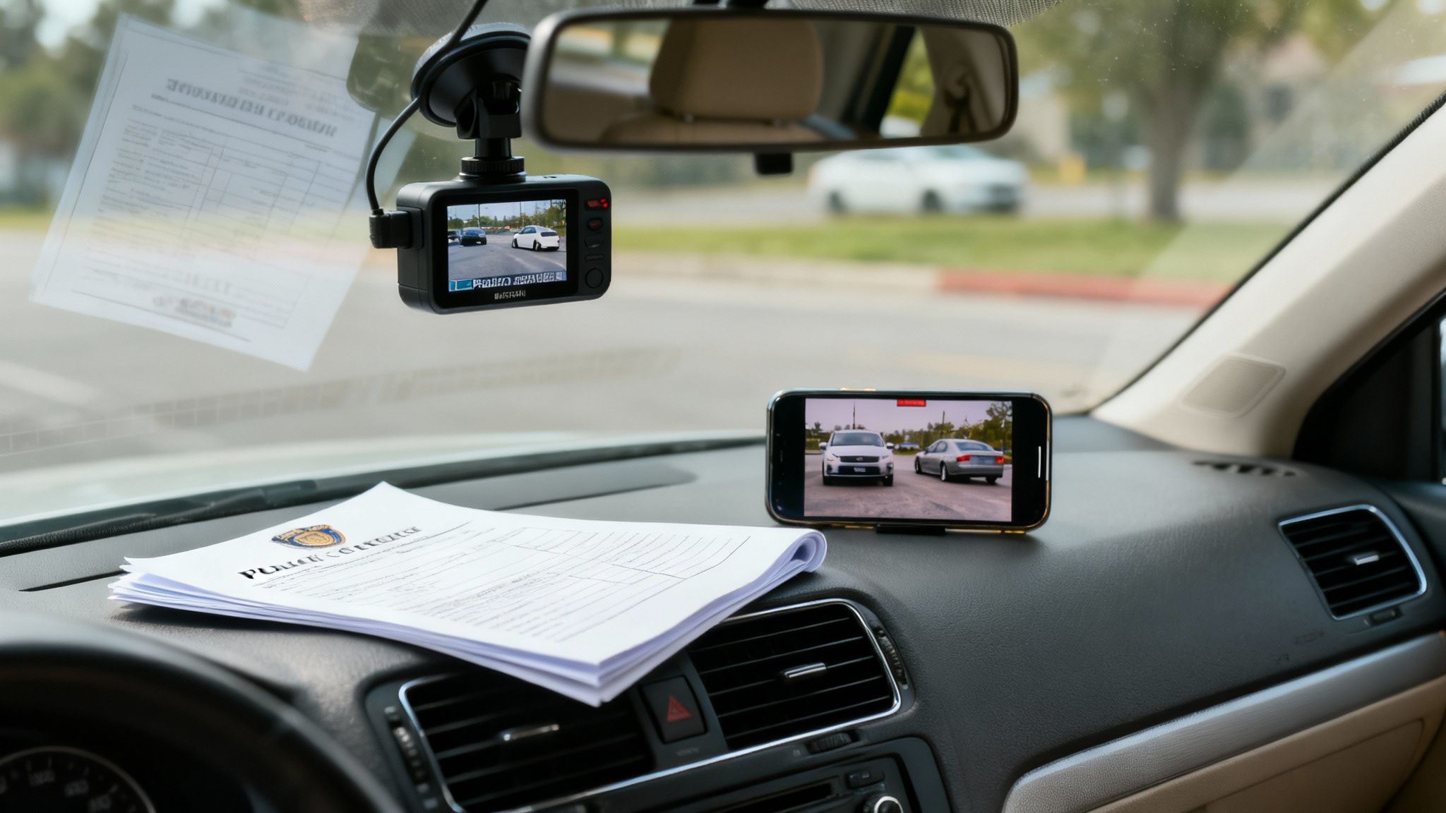 Car interior with dashcam recording, smartphone displaying footage, and police documents on the dashboard.