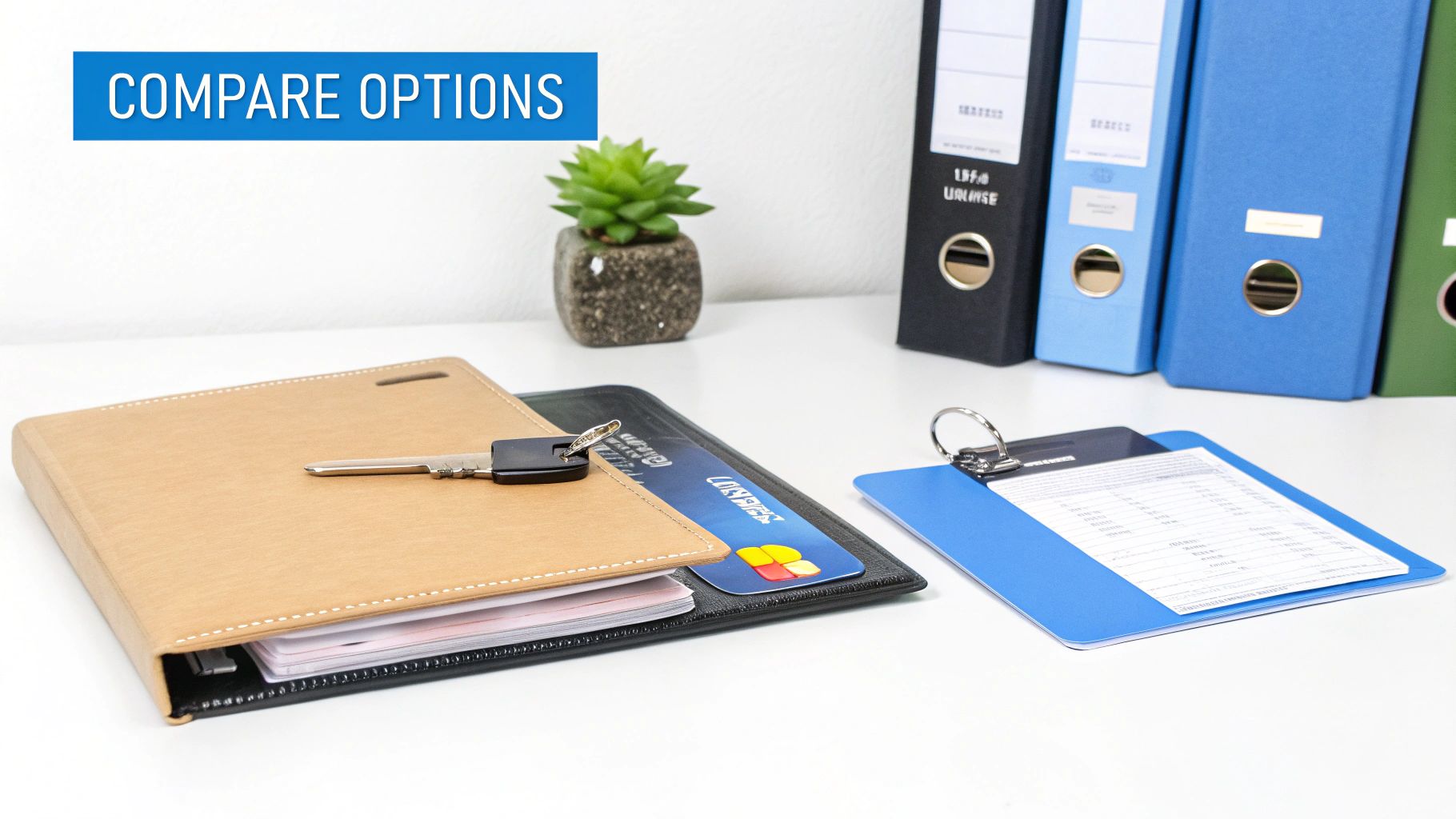 Close-up of a desk with a key, credit card, clipboard, and file binders for comparing options.