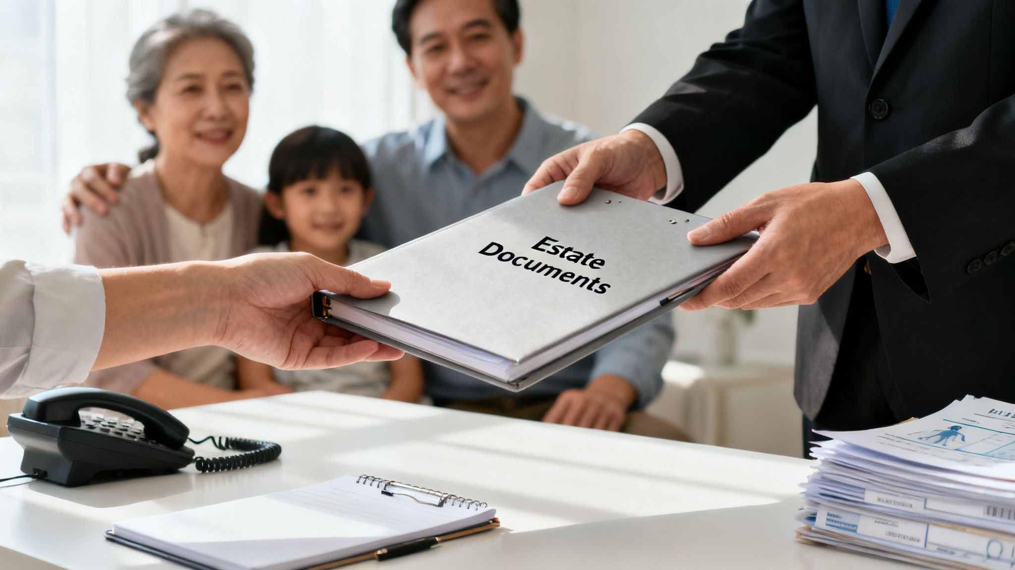 A lawyer in a suit hands estate documents to a client, with a family smiling in the background.