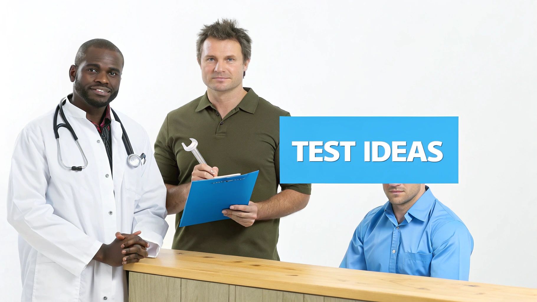 Three men representing diverse professions including a doctor and mechanic, with 'TEST IDEAS' displayed over one's face.
