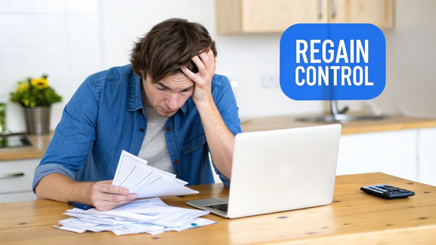 A stressed man with a laptop and piles of papers on a wooden table, text reads 'REGAIN CONTROL'.
