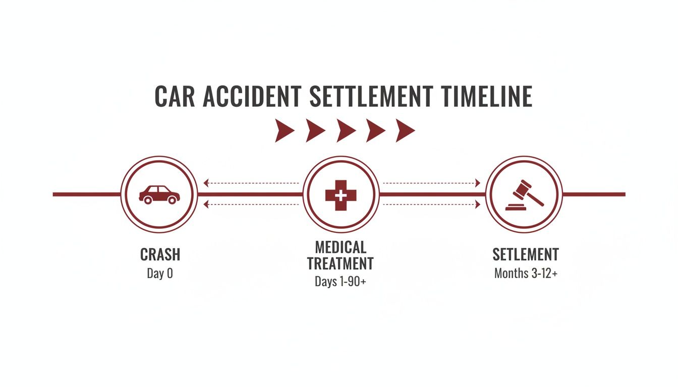 Car accident settlement timeline showing stages: crash, medical treatment, and settlement with estimated durations.