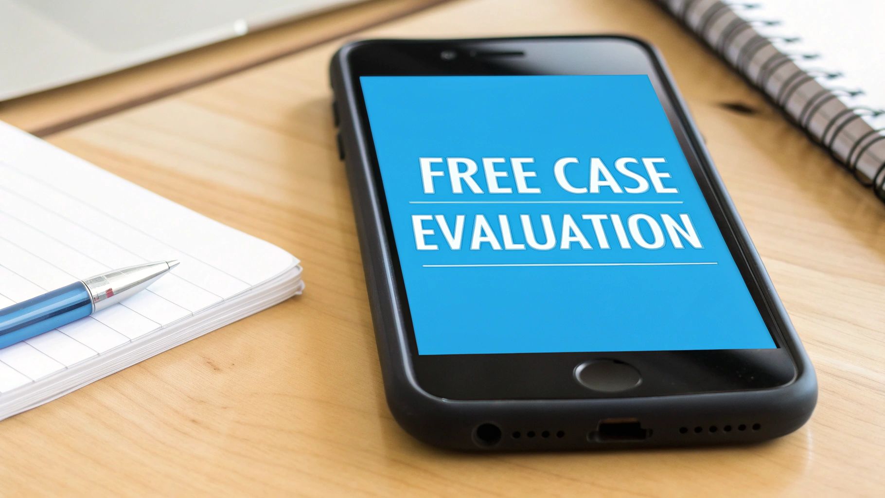 Close-up of a smartphone screen showing "FREE CASE EVALUATION" beside a pen and notebook on a desk.