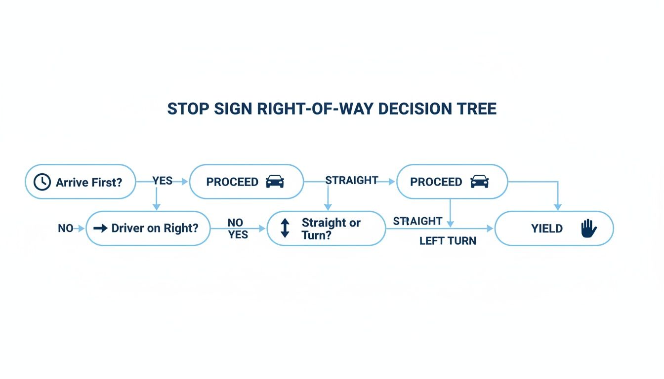A stop sign right-of-way decision tree flowchart illustrating rules for who proceeds or yields.